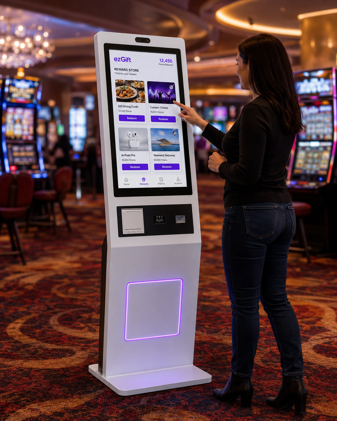 A player redeeming rewards at an ezGift kiosk on a casino floor, slot machines glowing behind her