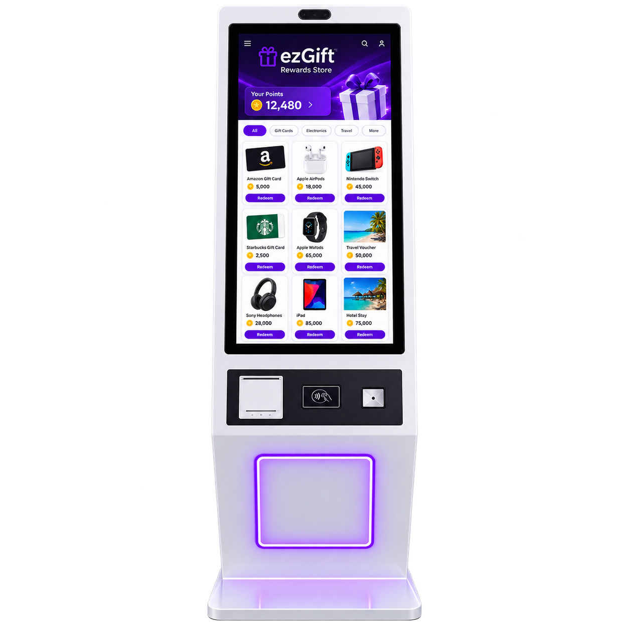The ezGift self-serve kiosk: touchscreen reward store, receipt printer, card reader, and scanner