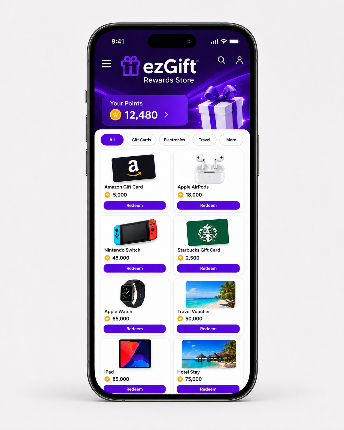 The same ezGift rewards store on a phone — points balance and product grid tuned for mobile